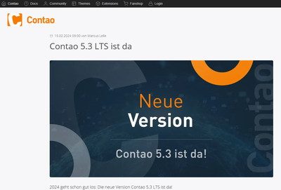 Screenshot Webseite Contao.org für Artikel: https://contao.org/de/news/contao-5-3-lts-ist-da